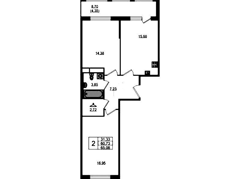 2-комнатная квартира 65.08 м², 7/12 эт., ЖК «UP! Квартал Воронцовский»